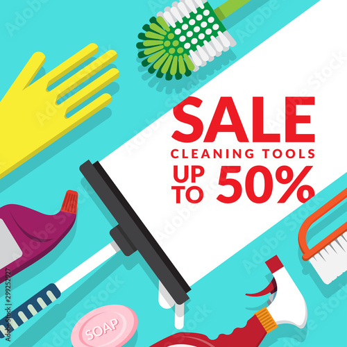 vector set of household supplies cleaning product , equipment tools of house cleaning isolated on blue background with text for advertisement of cleaning tools sales