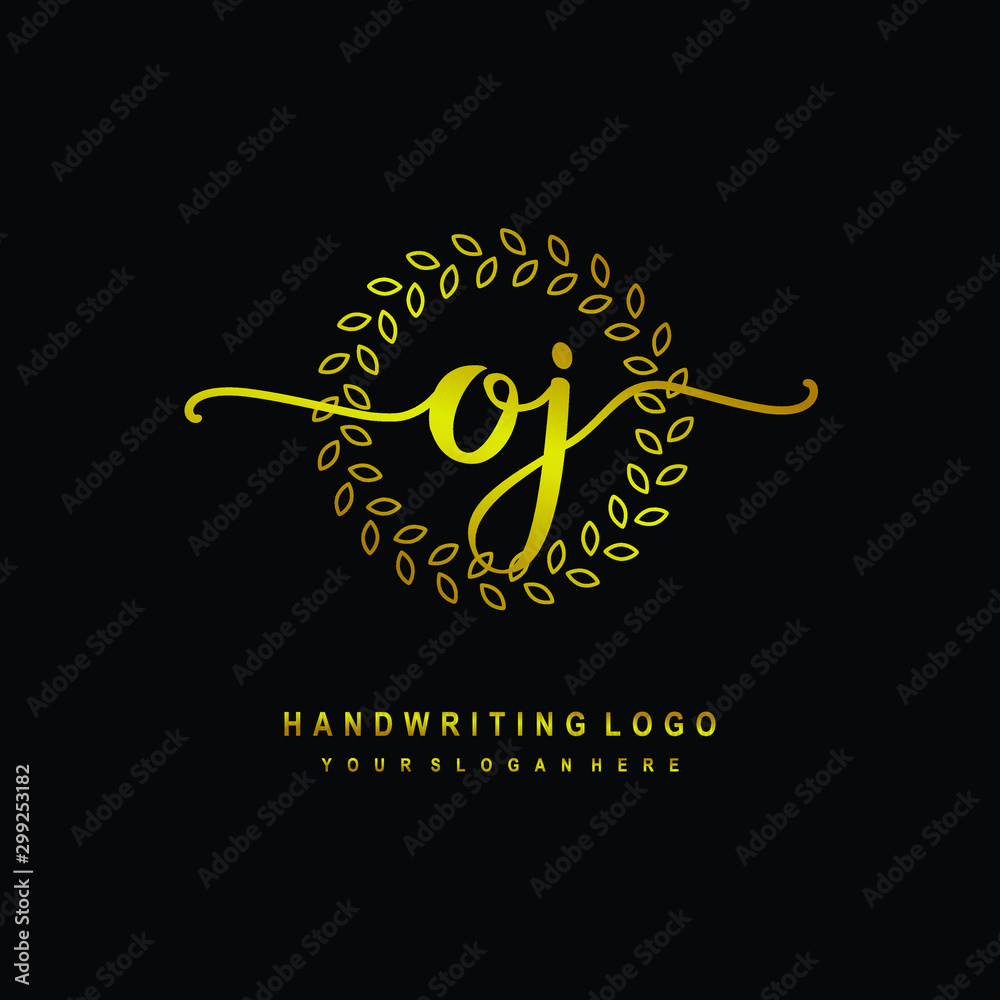 Handwriting initials OJ, With a gold leaf line template. logo design for, beauty, fashion, cosmetic, business Handwriting initials OJ, With a gold leaf line template. logo design for, beauty, fashion, cosmetic, business