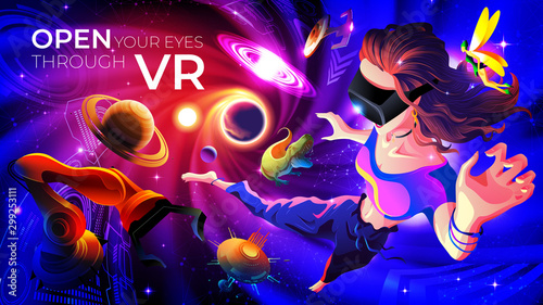 The woman is wearing VR glasses and has fallen into cyberspace.