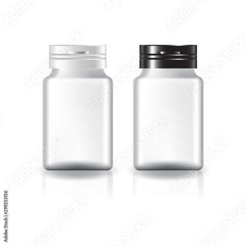 White square supplements, medicine bottle (black & white lid) for beauty or healthy product. Isolated on white background with reflection shadow. Ready to use for package design. Vector illustration.