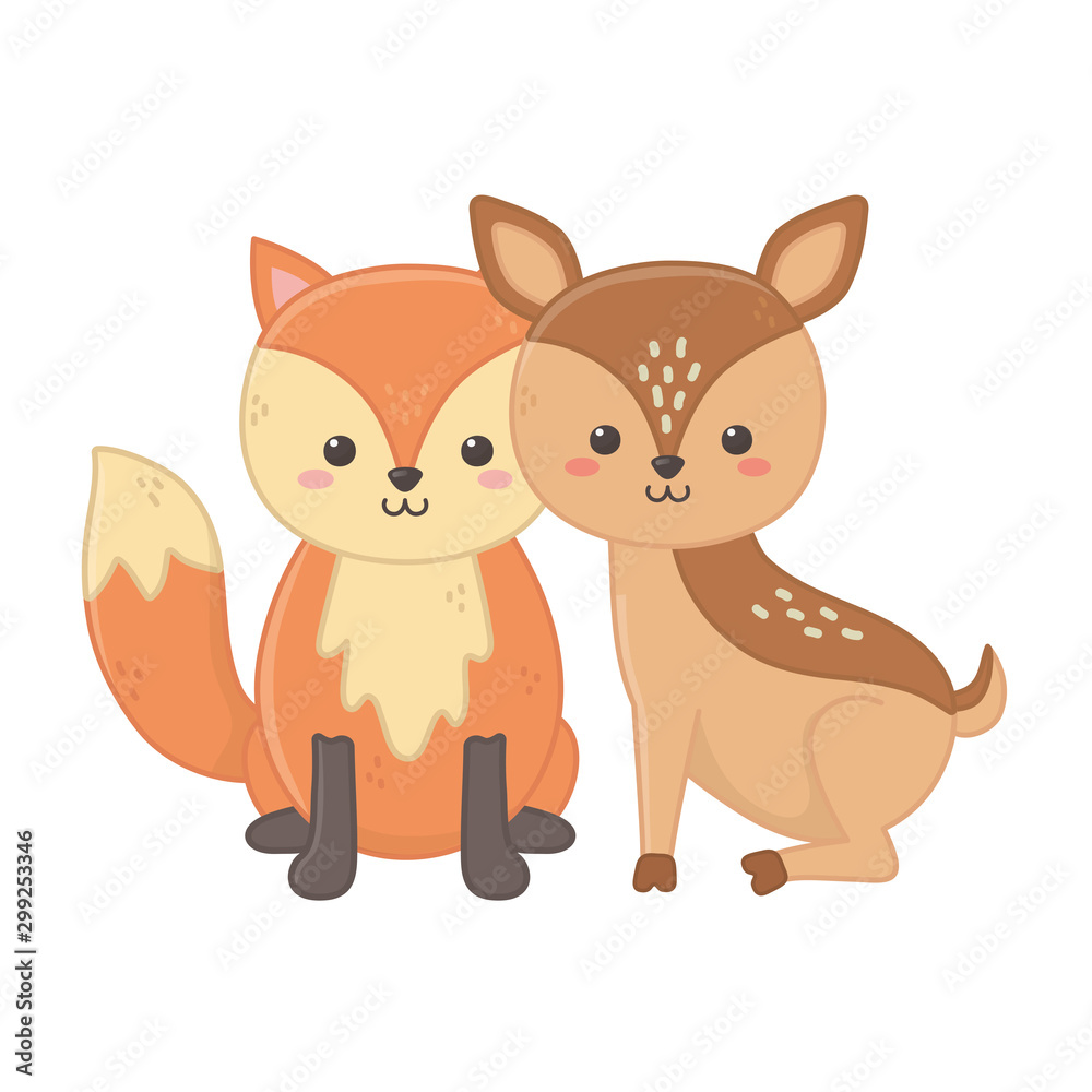 little cute deer and fox cartoon animals