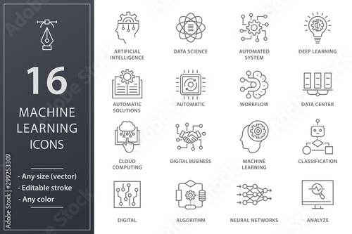 Machine learning line icons set. Black vector illustration. Editable stroke.