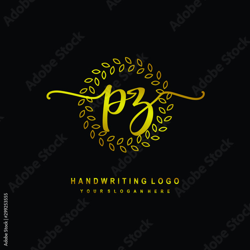 Handwriting initials PZ  With a gold leaf line template. logo design for  beauty  fashion  cosmetic  business