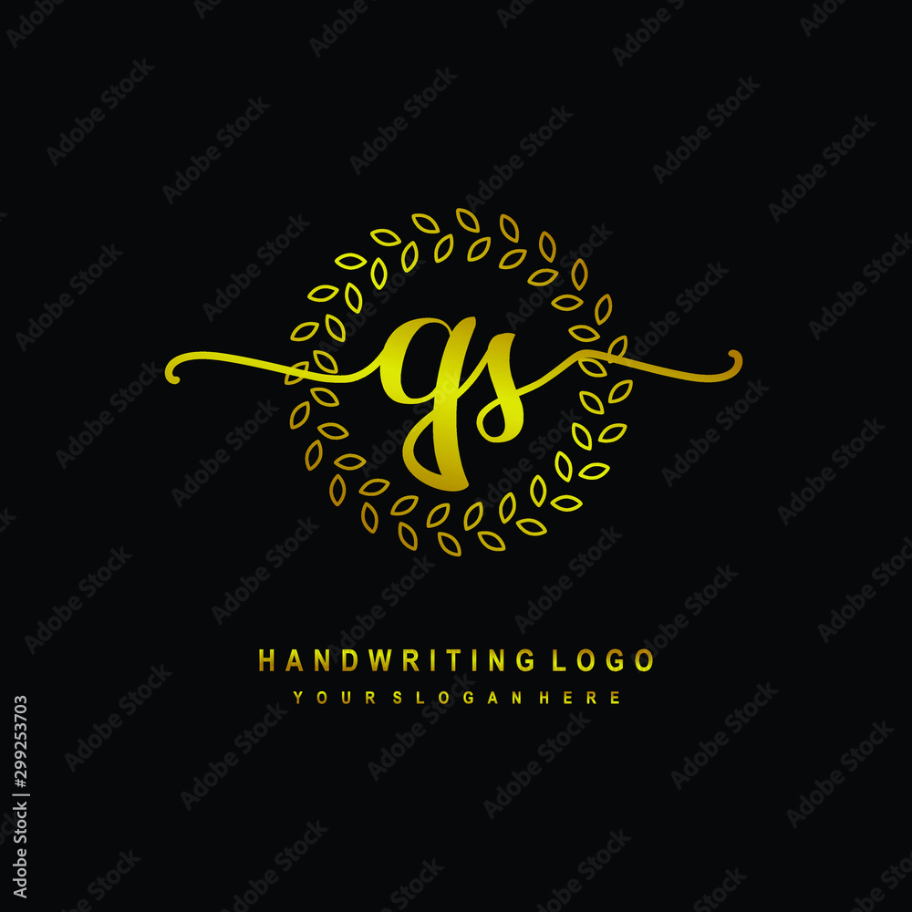 Handwriting initials QS, With a gold leaf line template. logo design for, beauty, fashion, cosmetic, business Handwriting initials QS, With a gold leaf line template. logo design for, beauty, fashion, cosmetic, business