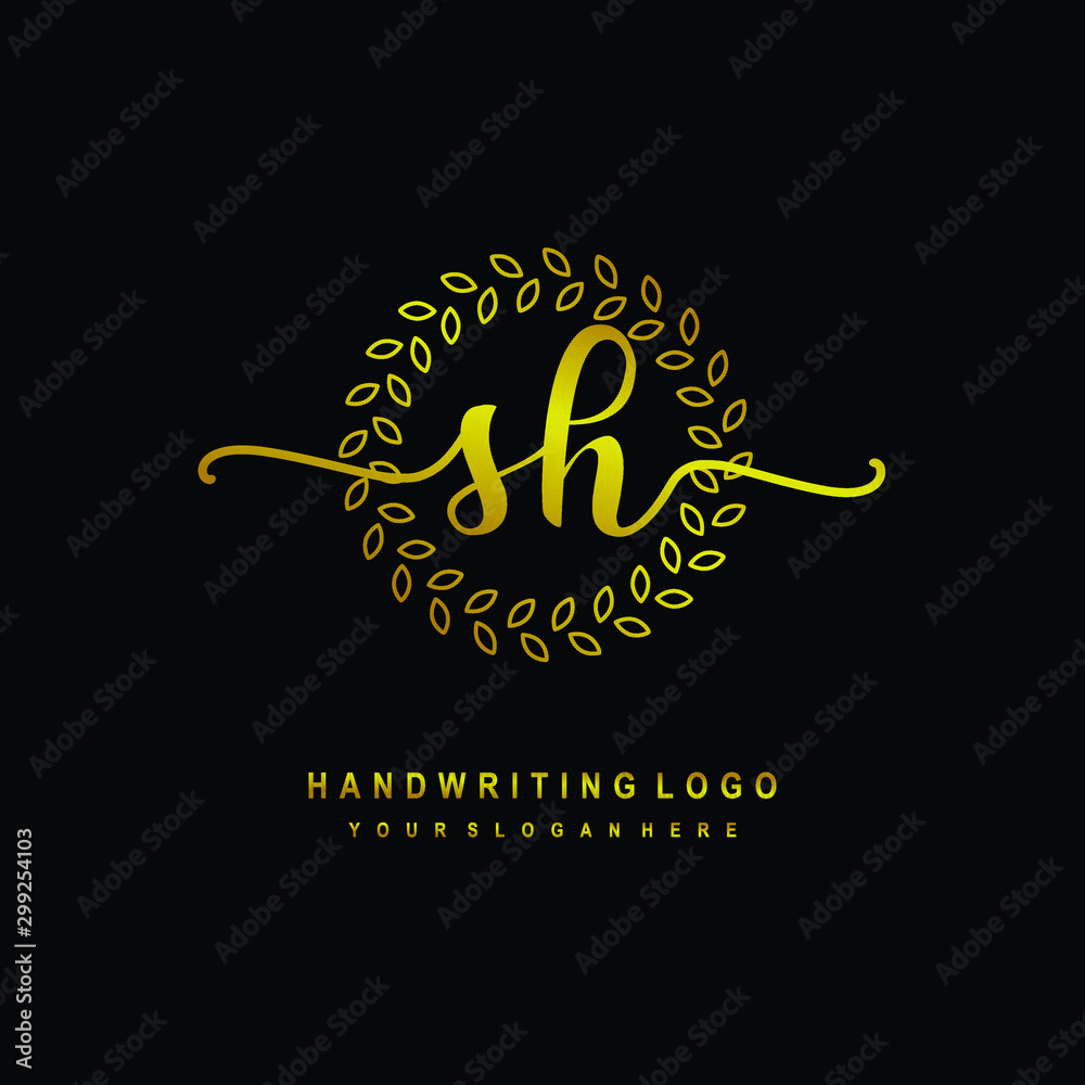 Handwriting initials SH, With a gold leaf line template. logo design for, beauty, fashion, cosmetic, business Handwriting initials SH, With a gold leaf line template. logo design for, beauty, fashion, cosmetic, business