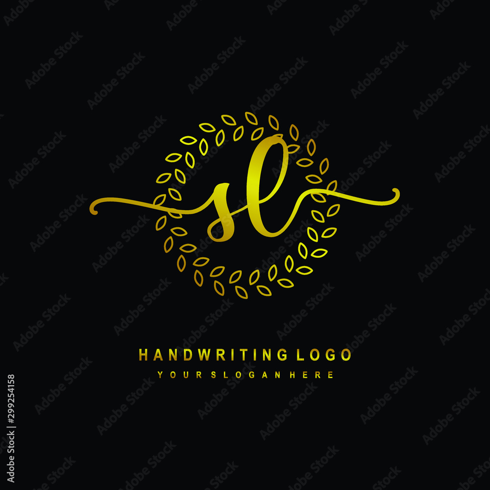 Handwriting initials SL, With a gold leaf line template. logo design for, beauty, fashion, cosmetic, business Handwriting initials SL, With a gold leaf line template. logo design for, beauty, fashion, cosmetic, business