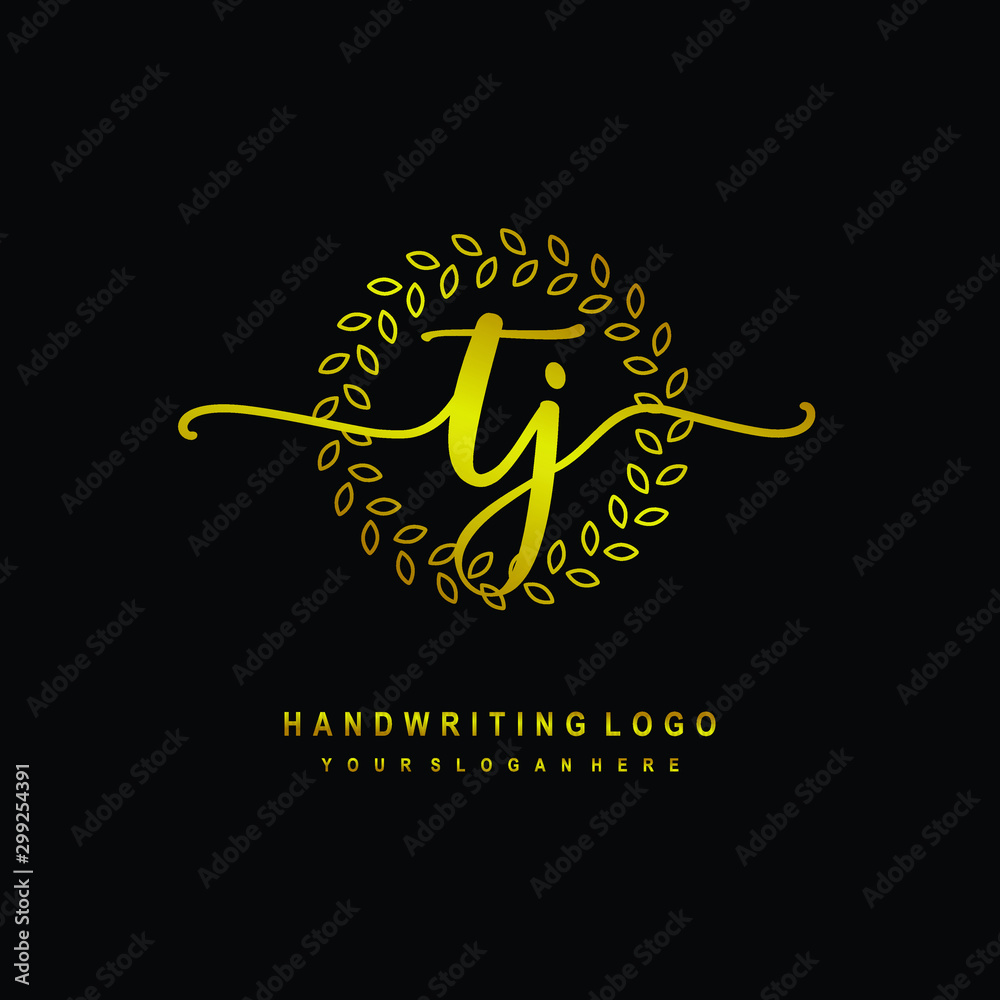 Handwriting initials TJ, With a gold leaf line template. logo design for, beauty, fashion, cosmetic, business Handwriting initials TJ, With a gold leaf line template. logo design for, beauty, fashion, cosmetic, business
