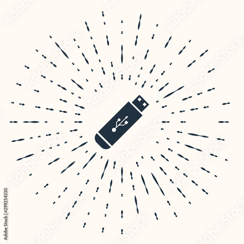 Grey USB flash drive icon isolated on beige background. Abstract circle random dots. Vector Illustration