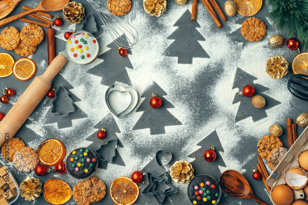 Beautiful composition of Christmas sweets with decorations