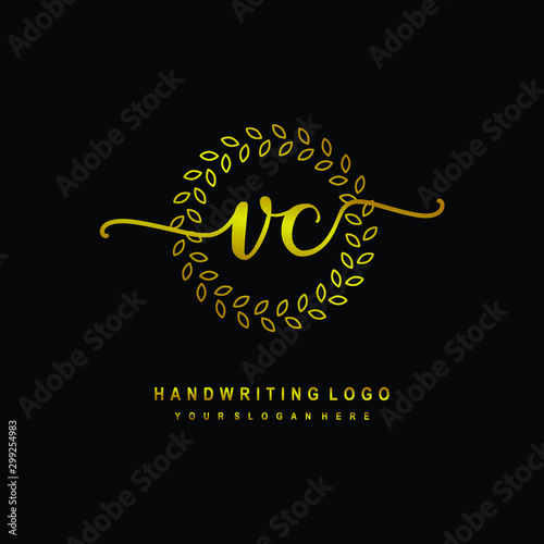 Handwriting initials VC, With a gold leaf line template. logo design for, beauty, fashion, cosmetic, business