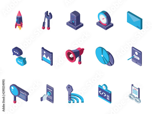 data internet technology isometric icons set
