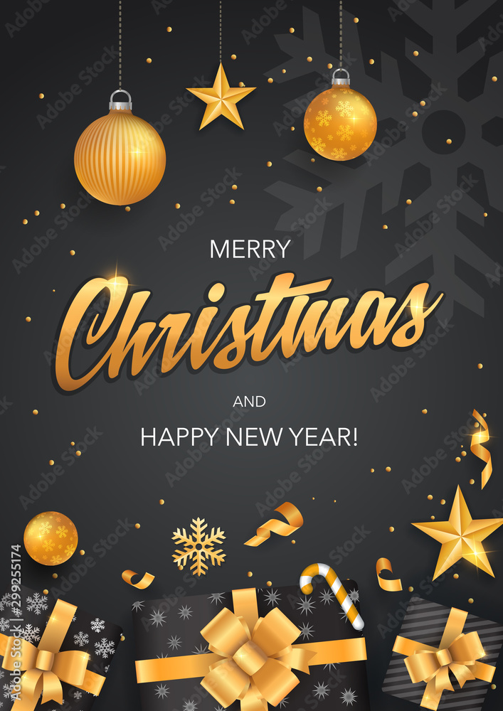 Fototapeta premium Merry Christmas and Happy New Year black backgrounds template with gold glitter elements