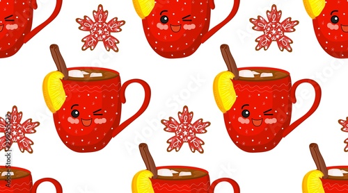 Winter cozy pattern. Hugge style. Red cups with a pattern. Snowflakes on a white background. Cinnamon and hot chocolate..