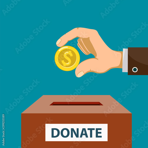 Human hand puts a dollar coin in a donation box