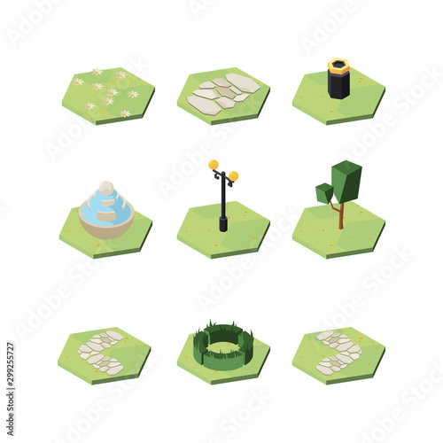 Park exterior design elements isometric 3D vector illustrations set