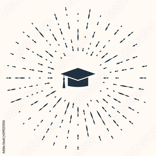 Grey Graduation cap icon isolated on beige background. Graduation hat with tassel icon. Abstract circle random dots. Vector Illustration