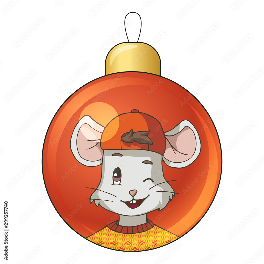 Christmas bauble with drawing cartoon mouse (rat) wearing an orange sweater  and a cap. Isolated objects on white background. Decor element for gift  card, kids products. Vector illustration. Stock Vector | Adobe