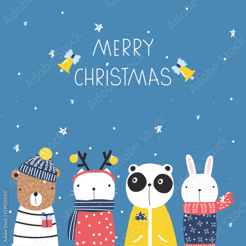 Merry Christmas greeting card with funny animals. Vector hand drawn illustration.