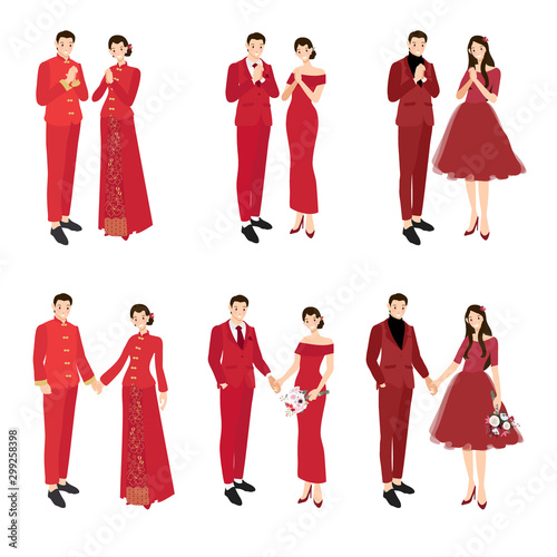 Chinese wedding couple in traditional red dress holding hands and greeting for chinese new year collection  eps10 vectors illustration