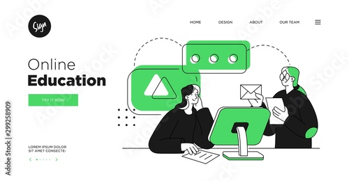 Presentation slide template or landing page website design. Business concept illustrations. Modern flat outline style. Online education courses