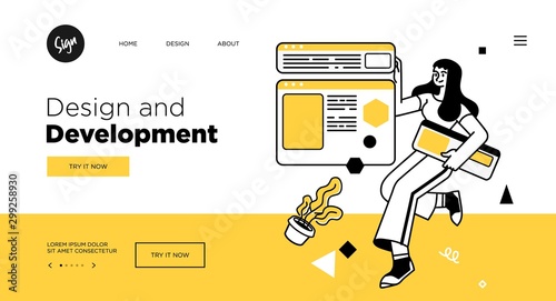 Presentation slide template or landing page website design. Business concept illustrations. Modern flat outline style. Design And Development