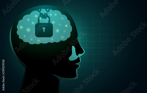 Chain and lock in human head. Concept Illustration about Intellectual Property Protection.