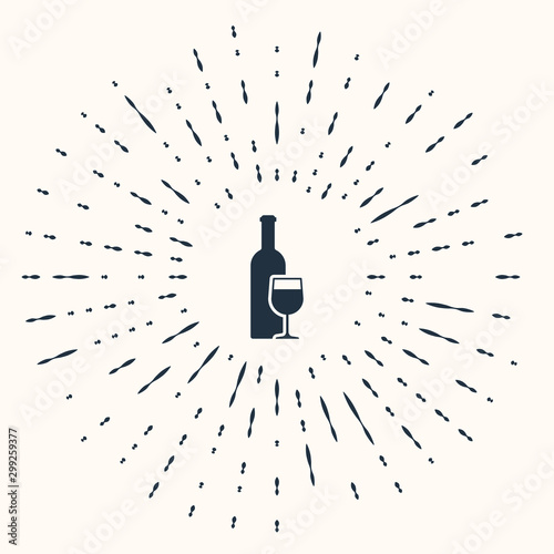 Grey Wine bottle with wine glass icon isolated on beige background. Abstract circle random dots. Vector Illustration