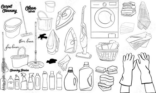 Vector set with hand drawn, isolated doodles of cleaning service on white color. Flat illustrations on the theme of cleanliness. Sketches for use in design, web site, packing, textile, fabric