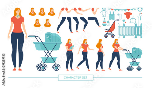 Young Mother Character Constructor Flat Vector Set