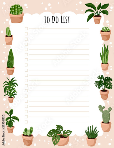 Hygge weekly planner and to do list with potted succulent plants. Cozy lagom scandinavian style template for agenda, planners, check lists, and stationery