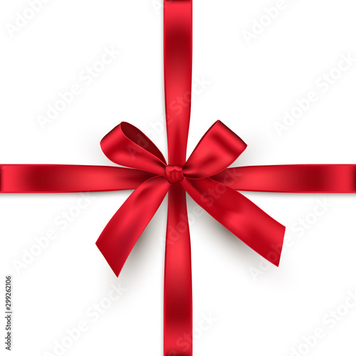 Red bow and crossed ribbon isolated on white background. Vector decorative element.
