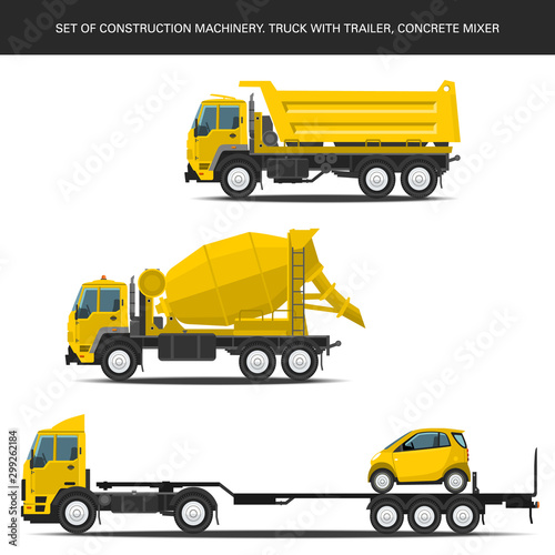 Set of realistic construction machinery. Truck with trailer, concrete mixer