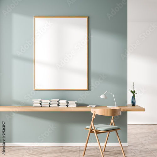 Mock up poster frame in Scandinavian style interior with wooden work desk. Minimalist workplace design. 3D illustration.