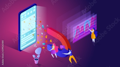 Team analyze charts, promote and get conversions from social networks. Isometric SMM vector illustration.