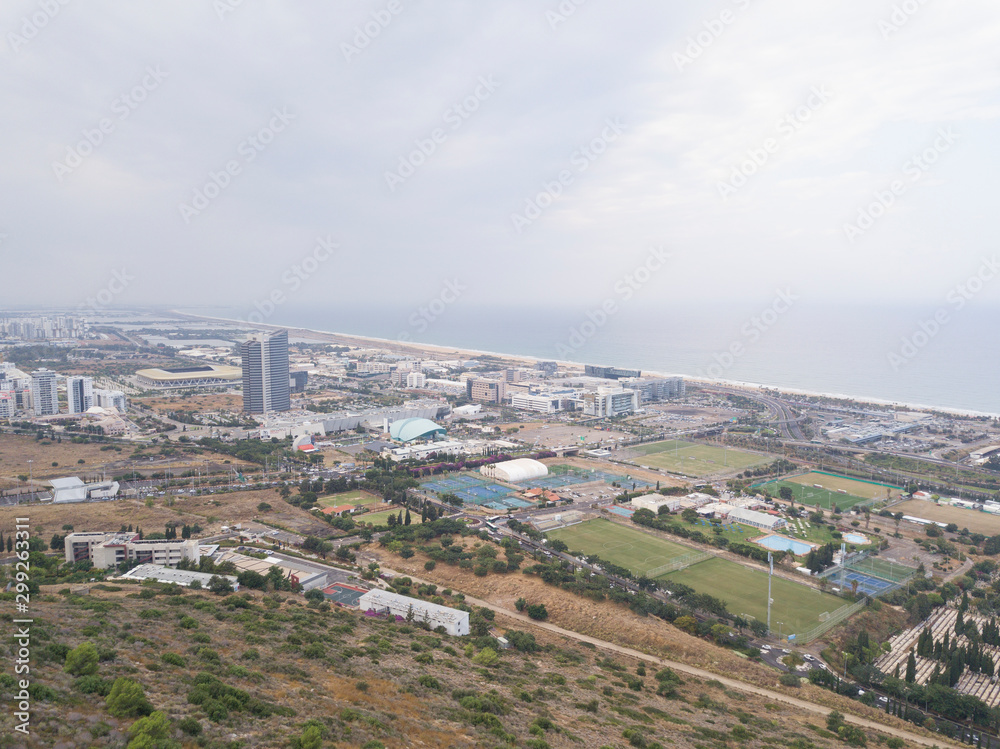 Israel, Haifa Southern District. Aerial panoramic view on a cloudy day.