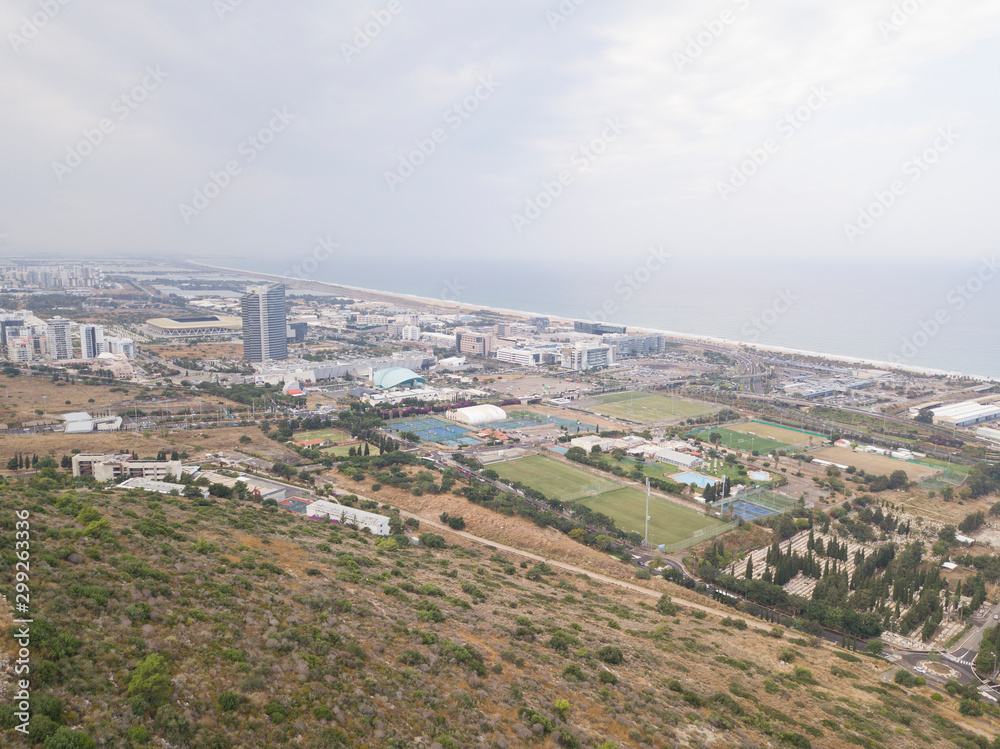 Israel, Haifa Southern District. Aerial panoramic view on a cloudy day.