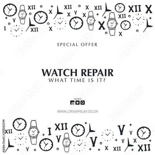 Watch Repair banner with hand draw doodle background.