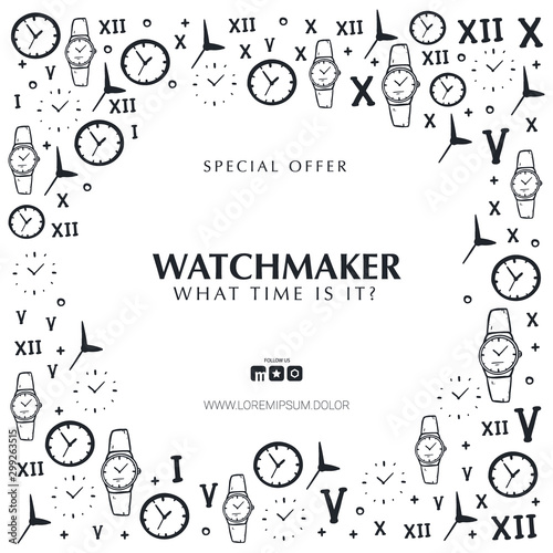 Watchmaker banner with hand draw doodle background.