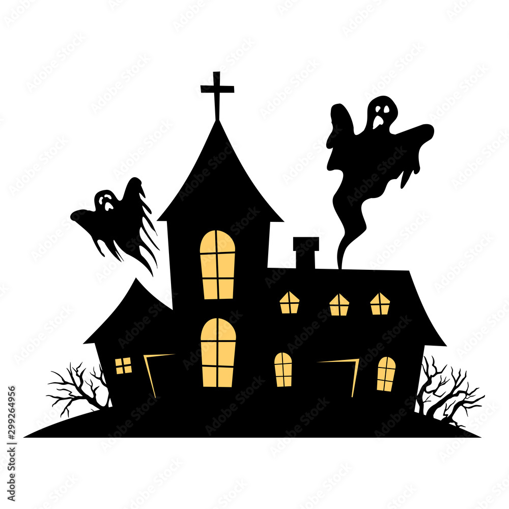 Haunted House Vector Sign With Creepy House And Shosts Stock Vector