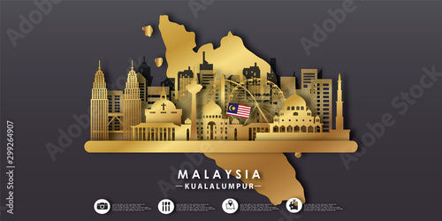 Malaysia with Gold Travel postcard panorama, poster, tour advertising of world famous landmarks in paper cut style.