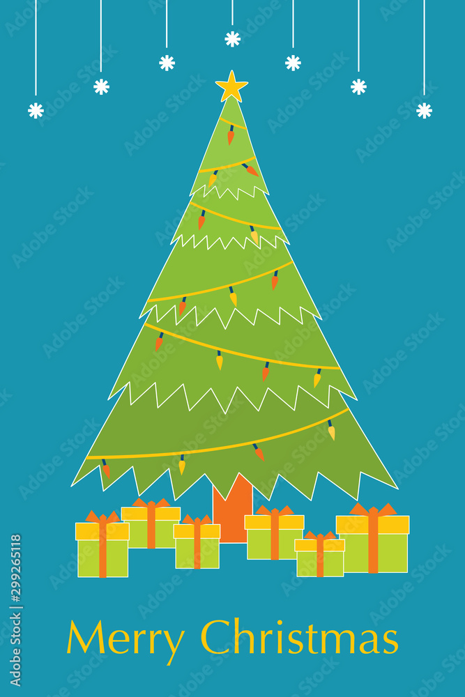 Christmas tree with boxes of gifts.  Vector color illustration. Holiday card design.