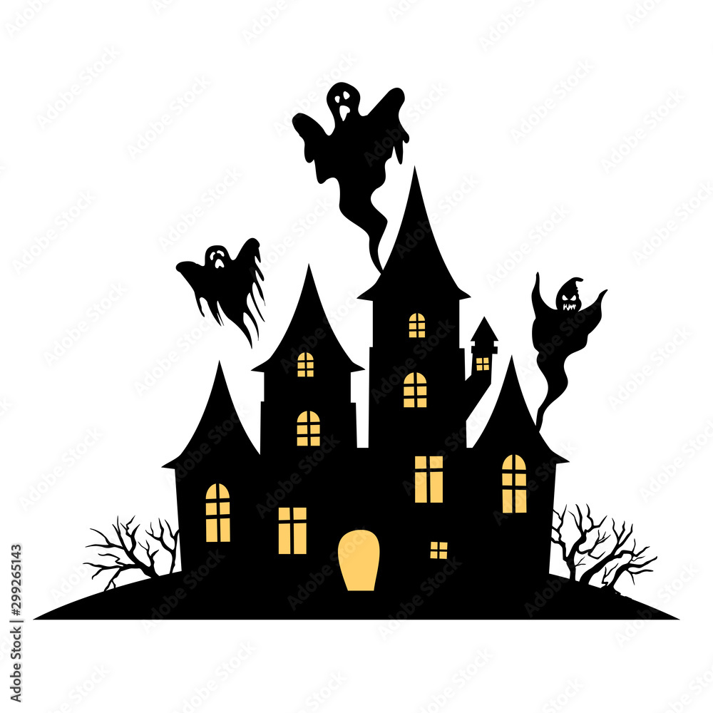 Haunted House vector sign with creepy house and shosts