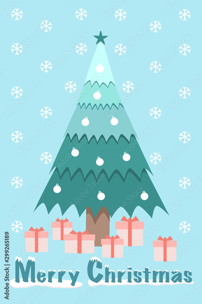 Christmas tree with boxes of gifts.  Vector color illustration. Holiday card design.