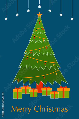 Christmas tree with boxes of gifts.  Vector color illustration. Holiday card design.