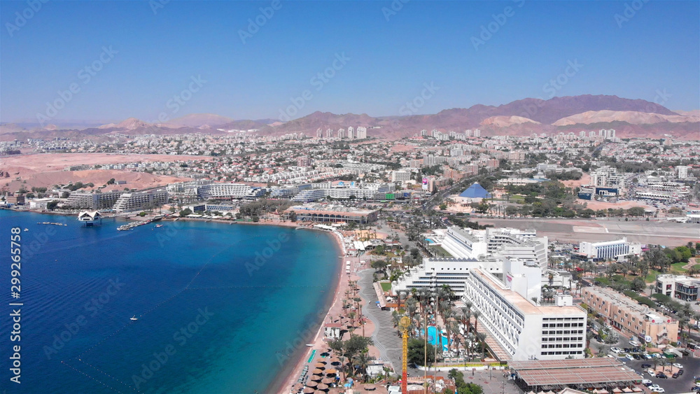 Eilat Shorline with Marina Boats Hotels and landscape Aerial