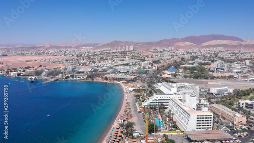 Eilat Shorline with Marina Boats Hotels and landscape Aerial