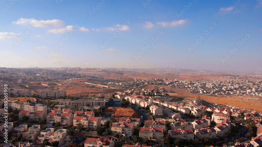 Drone Image over Judean Hills landscape With Israel and Palestine Towns