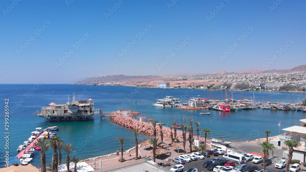 Drone Image over Palm tree and marina with sea and desert mountains aerial views