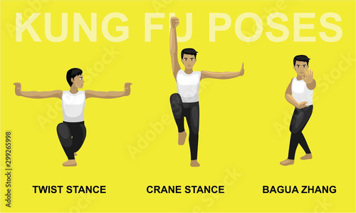 Kung Fu Poses Twist Crane Bagua Zhang Stance Cartoon Vector Illustration