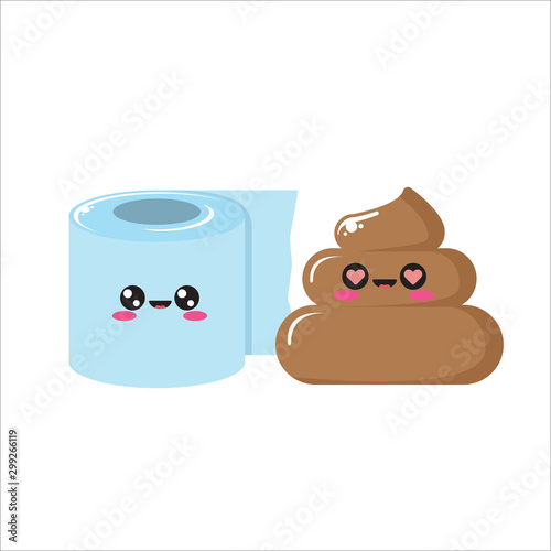 vector toilet paper and poo character set isolated on white background. Funky kawaii tolet paper roll and cute little poop collection